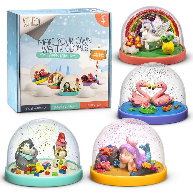 Kipipol Snow Globe Making Kit for Kids - Make Your Own Snow Globes for Girls w/ 4 DIY Snowglobe  5 Figures  20 Packs of Modeling Clay for Kids for Sculpting - Arts and Crafts for Girls & Boys 8-12-4-8 - Image 1